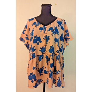 Studio B by Bobeau plus sz 1X Blouse peachy pink and blue floral print ss top P3